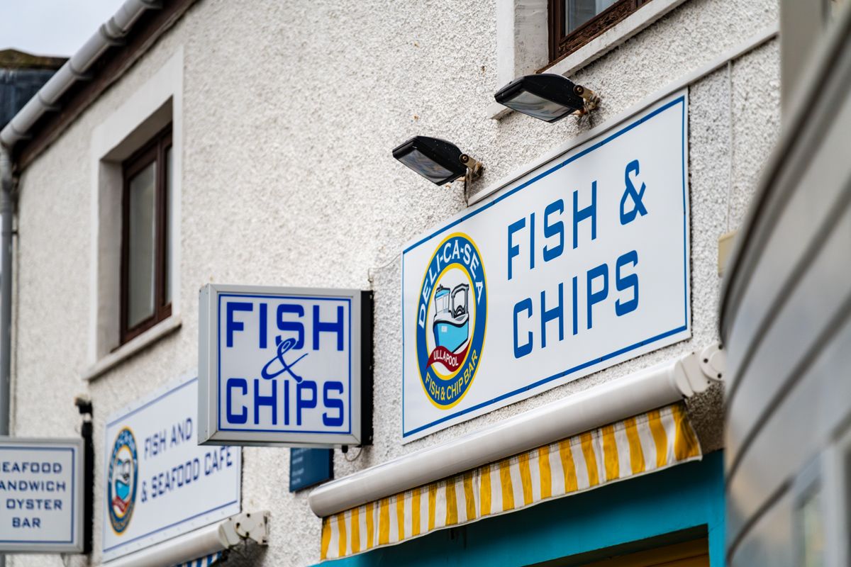 Illuminated fish and chips shop fascia sign box
