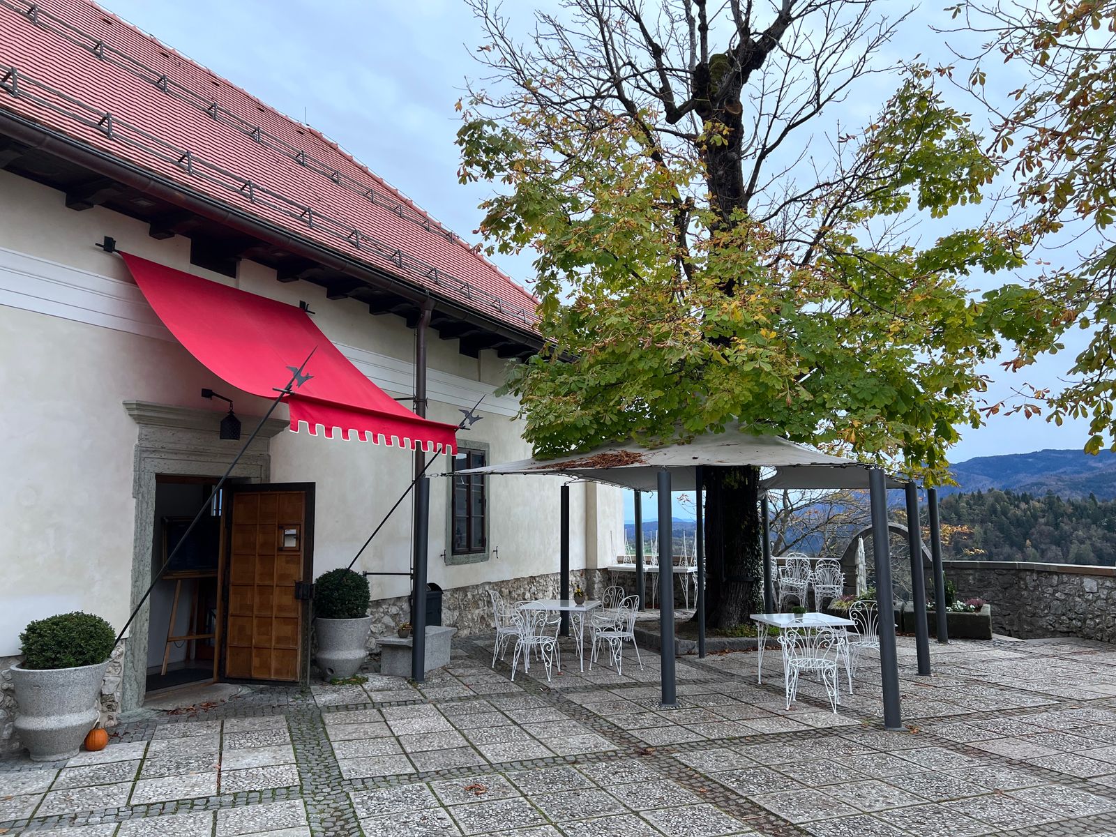 Cafe terrace exterior decorated for the autumn season