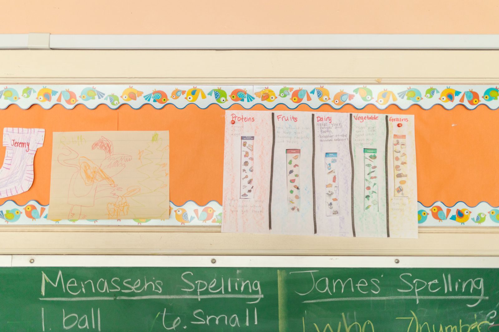 Classroom wall display with children's artwork and educational posters