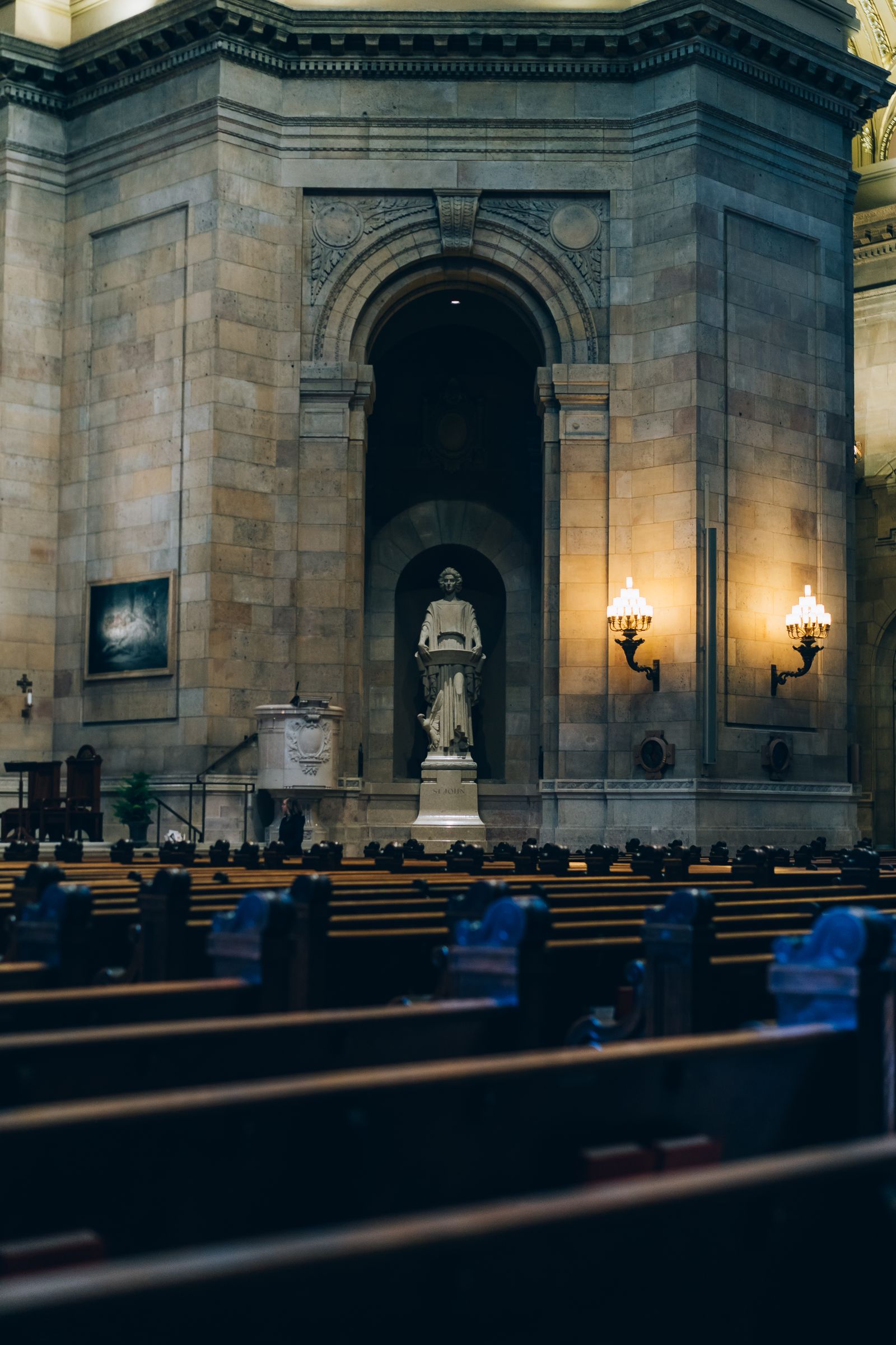 Empty seats inside a calm church interior