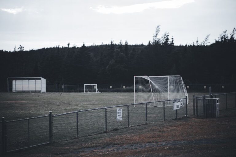 Empty football pitch with perimeter fence and goal nets