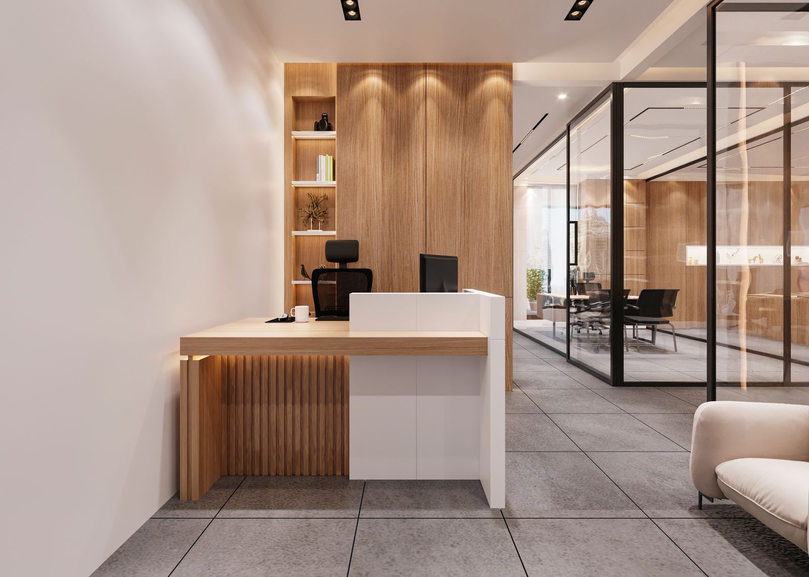 Contemporary office reception area with wood and glass elements