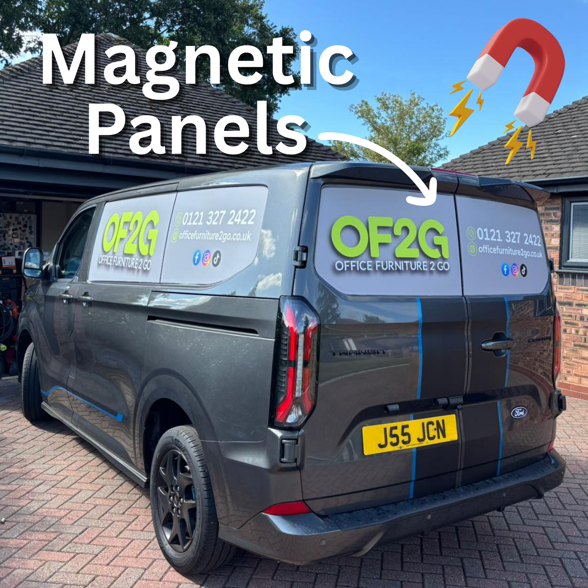 Magnetic vehicle panels applied to a work van, OF2G branding
